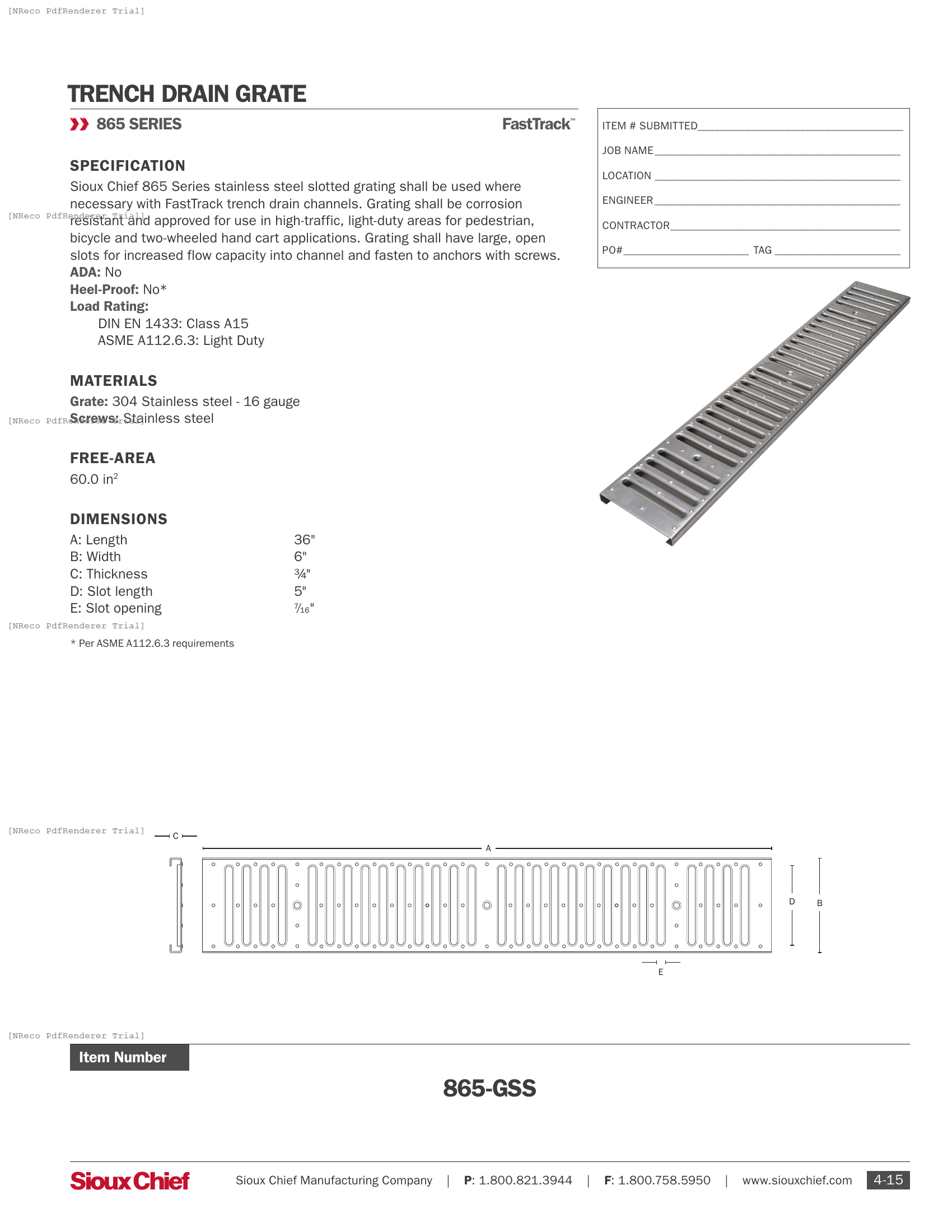865-GSS - FASTTRACK STAINLESS SLOTTED GRATE - SPEC SHEET.PDF Specification Document